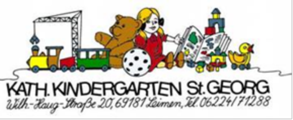 Logo des Katholischen Kindergartens St. Georg mit Spielzeugillustrationen.